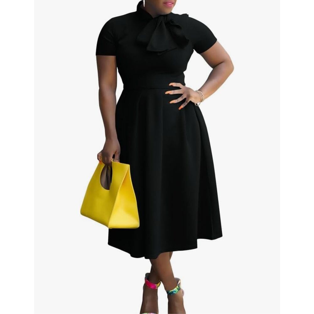 Elegant Black Midi Dress with Bow Neck